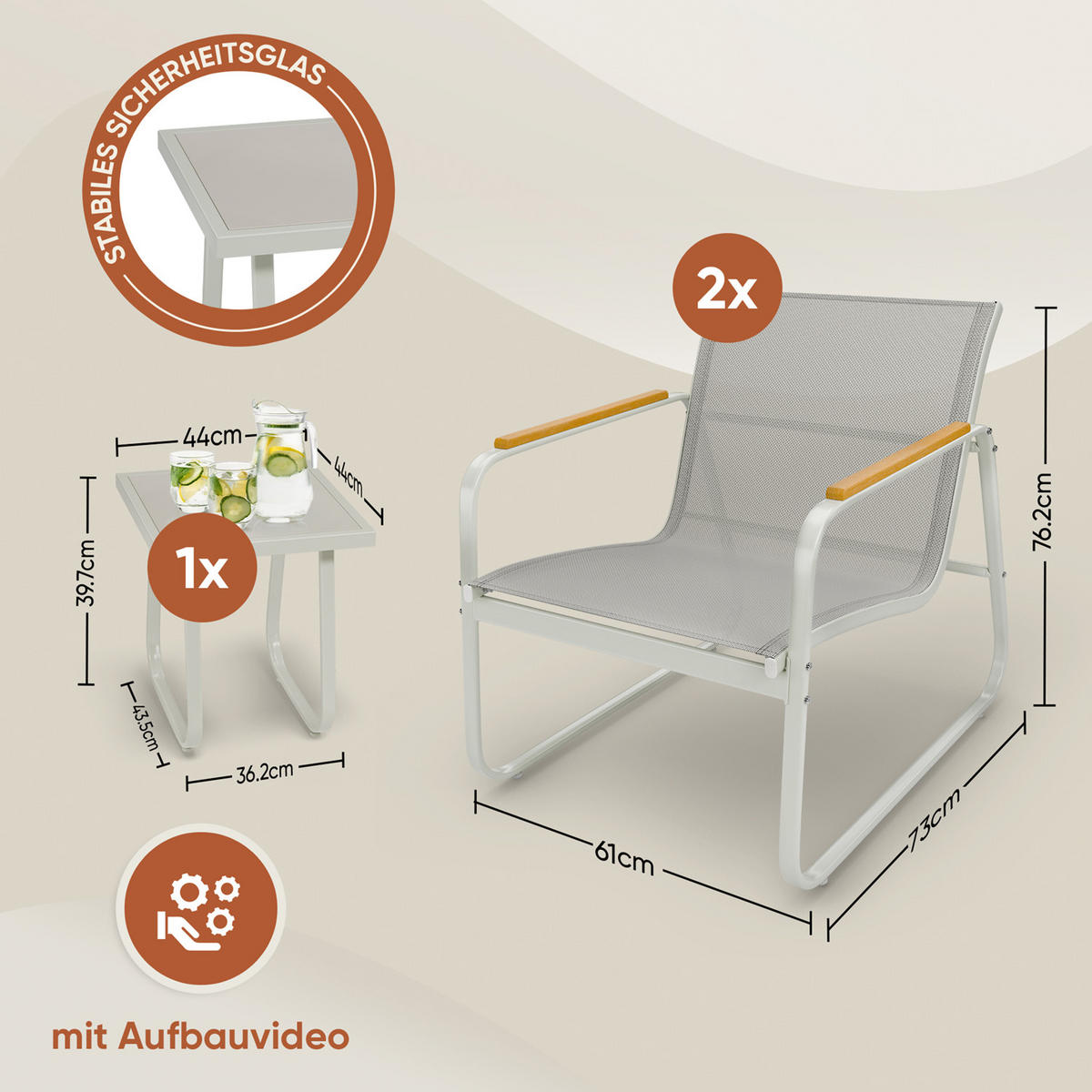 GARTENMÖBEL 3er Set, 2 Sessel und 1 Tisch, Grau - Grau, Metall - Blumtal