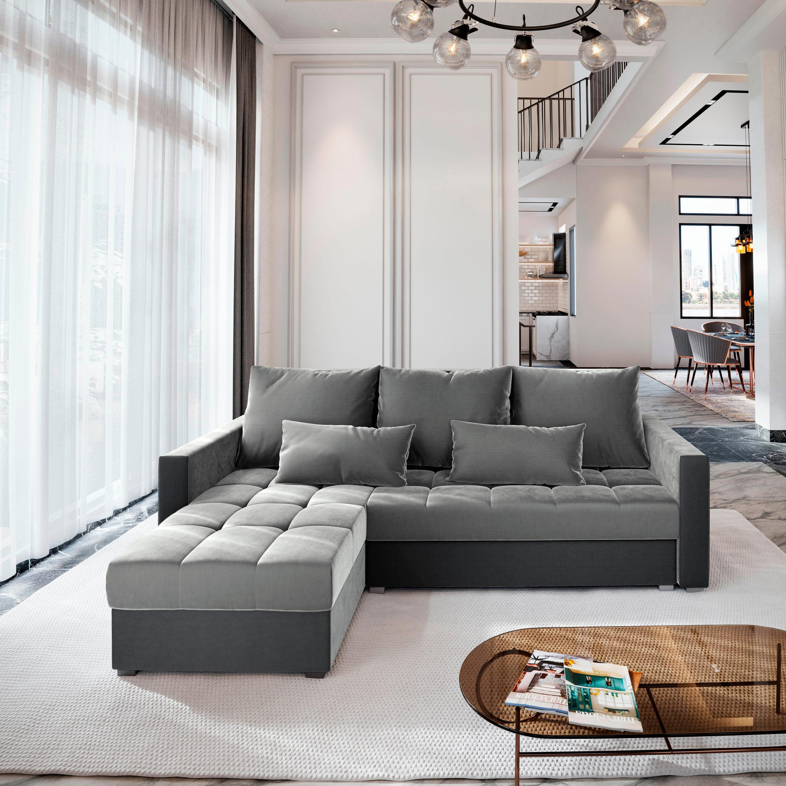 ECKSOFA KOS PIK Hellgrau Plüsch-Stoff mit Schlaffunktion - Hellgrau/Grau, Holz (220/140cm) - MASSENO