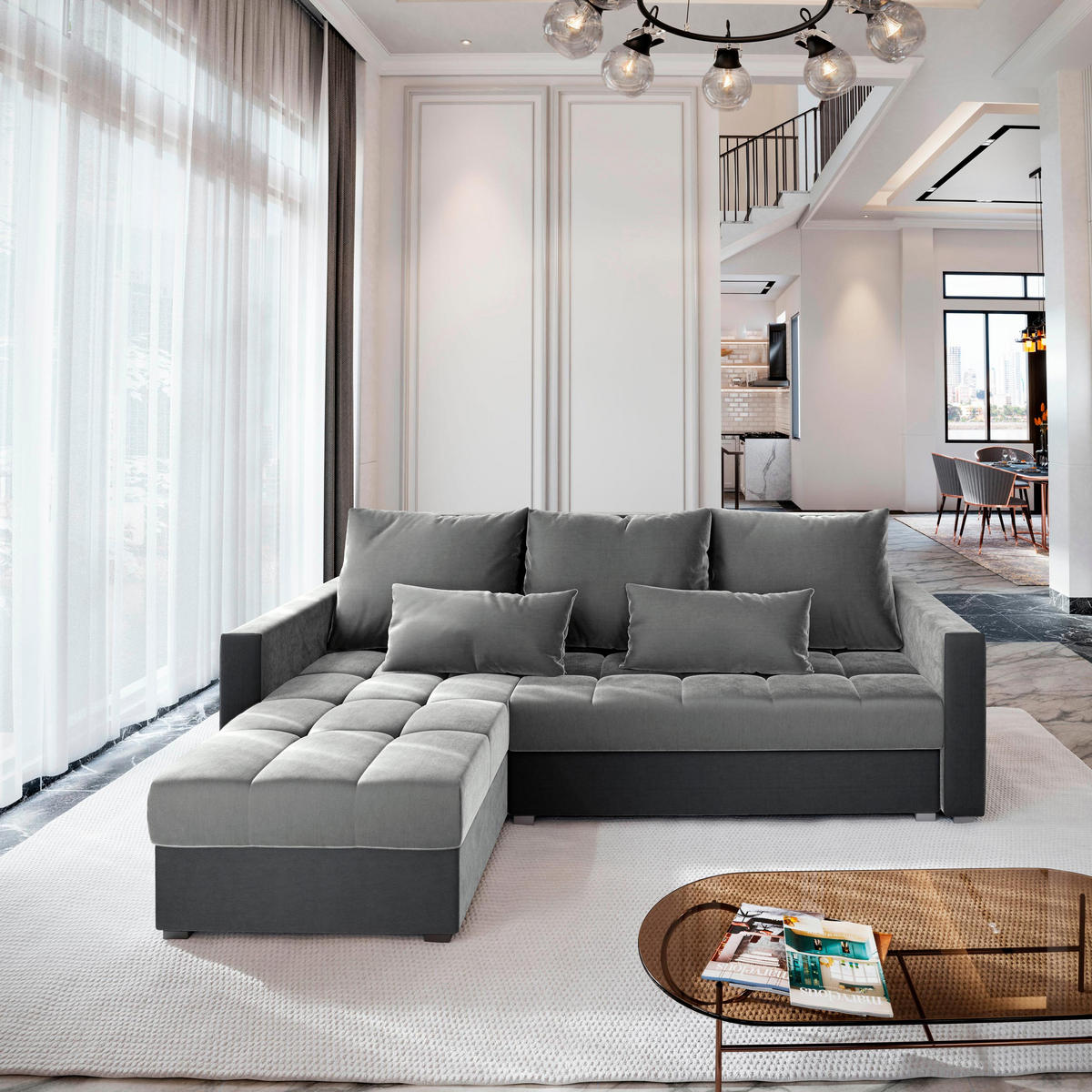 ECKSOFA KOS PIK Hellgrau Plüsch-Stoff mit Schlaffunktion - Hellgrau/Grau, Holz (220/140cm) - MASSENO