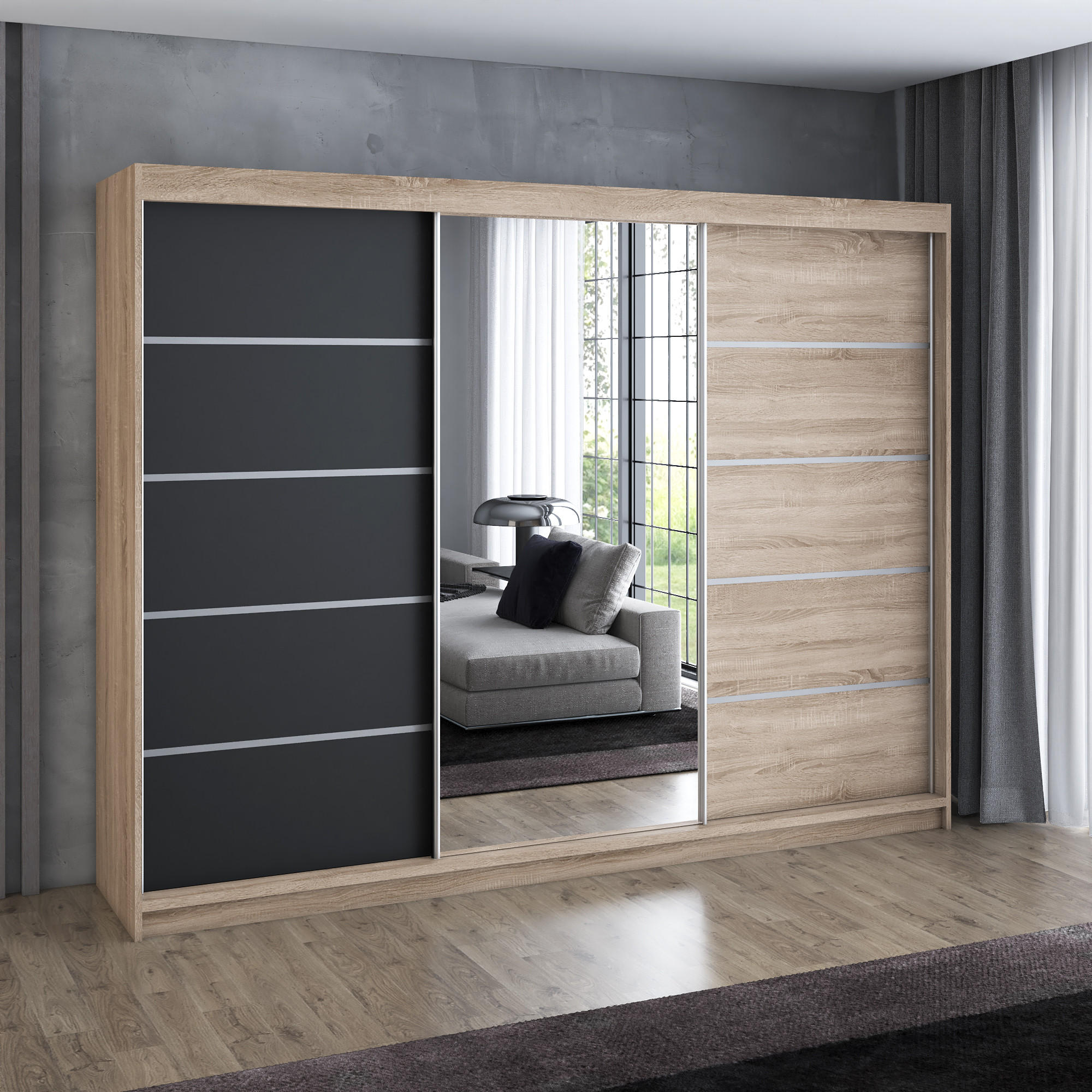 SCHWEBETÜRENSCHRANK 200 cm VILANO 1 Farbe: Sonoma,Schwarz - Hellbraun/Schwarz, Holzwerkstoff (200/215/59.5cm) - A&J MöbelLand