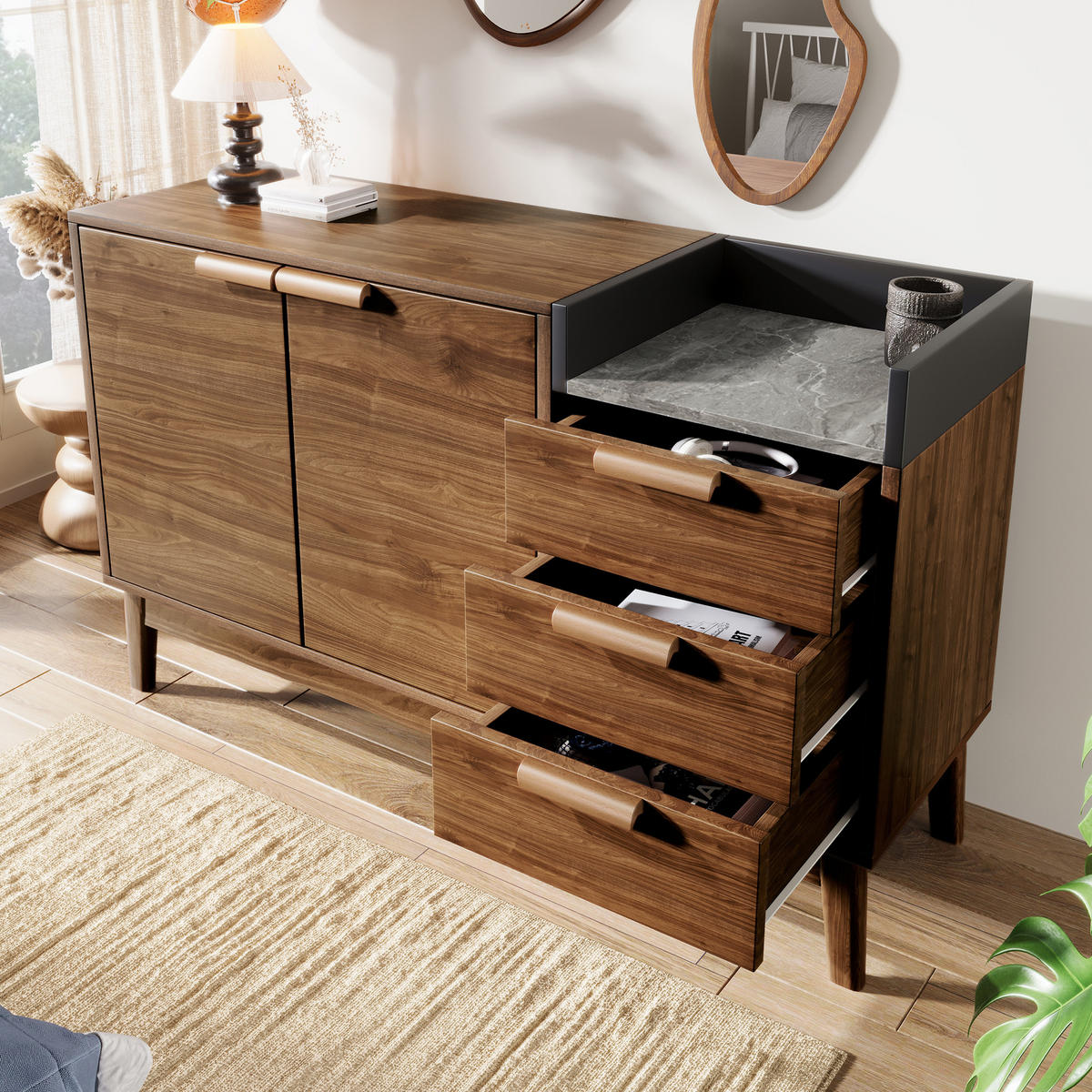 KOMMODE Eiche und Marmor-Optik 120/40/77 cm - Dunkelbraun, Metall (120/77/40cm) - PANGIVO