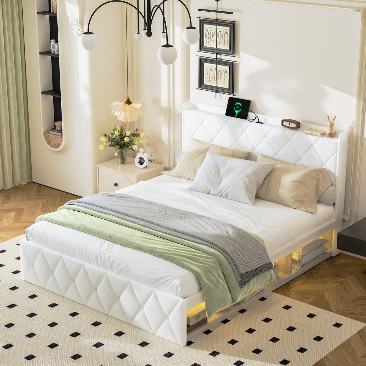 POLSTERBETT 160/200 cm aus Teddy-Stoff mit USB-Ladefunktion und LED-Beleuchtung Weiß - Weiß, Fell (160/200cm) - Modenvie