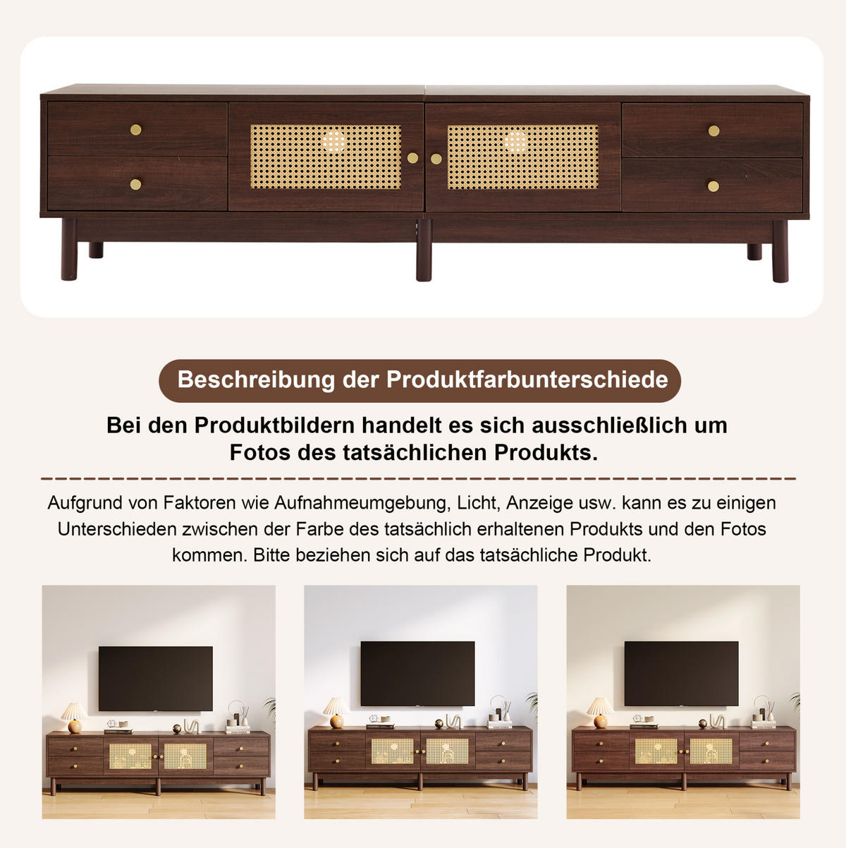 LOWBOARD 180/35/44 cm Braun aus Holzwerkstoff mit Rattantüren und Kabelmanagement - Rotbraun, Holzwerkstoff (35/44/180cm) - OKMYHOME