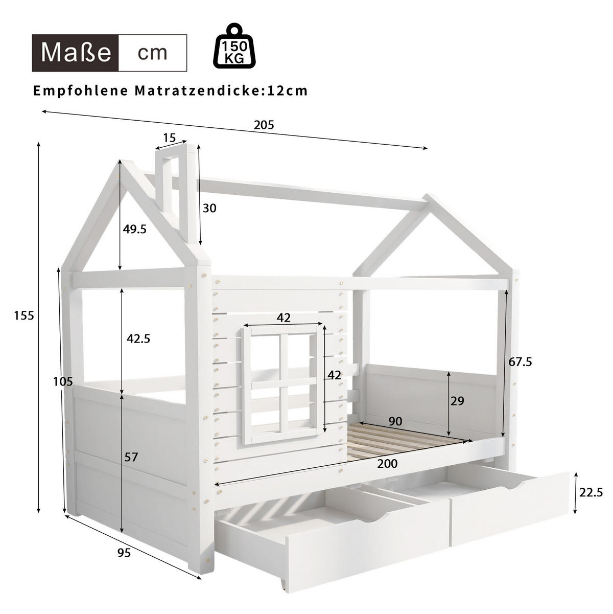 KINDEREINZELBETTEN aus Kiefer-Massivholz 90x200 cm in Weiß mit Rausfallschutz & 2 Schubladen - Weiß, Holz (90/200cm) - Modfu