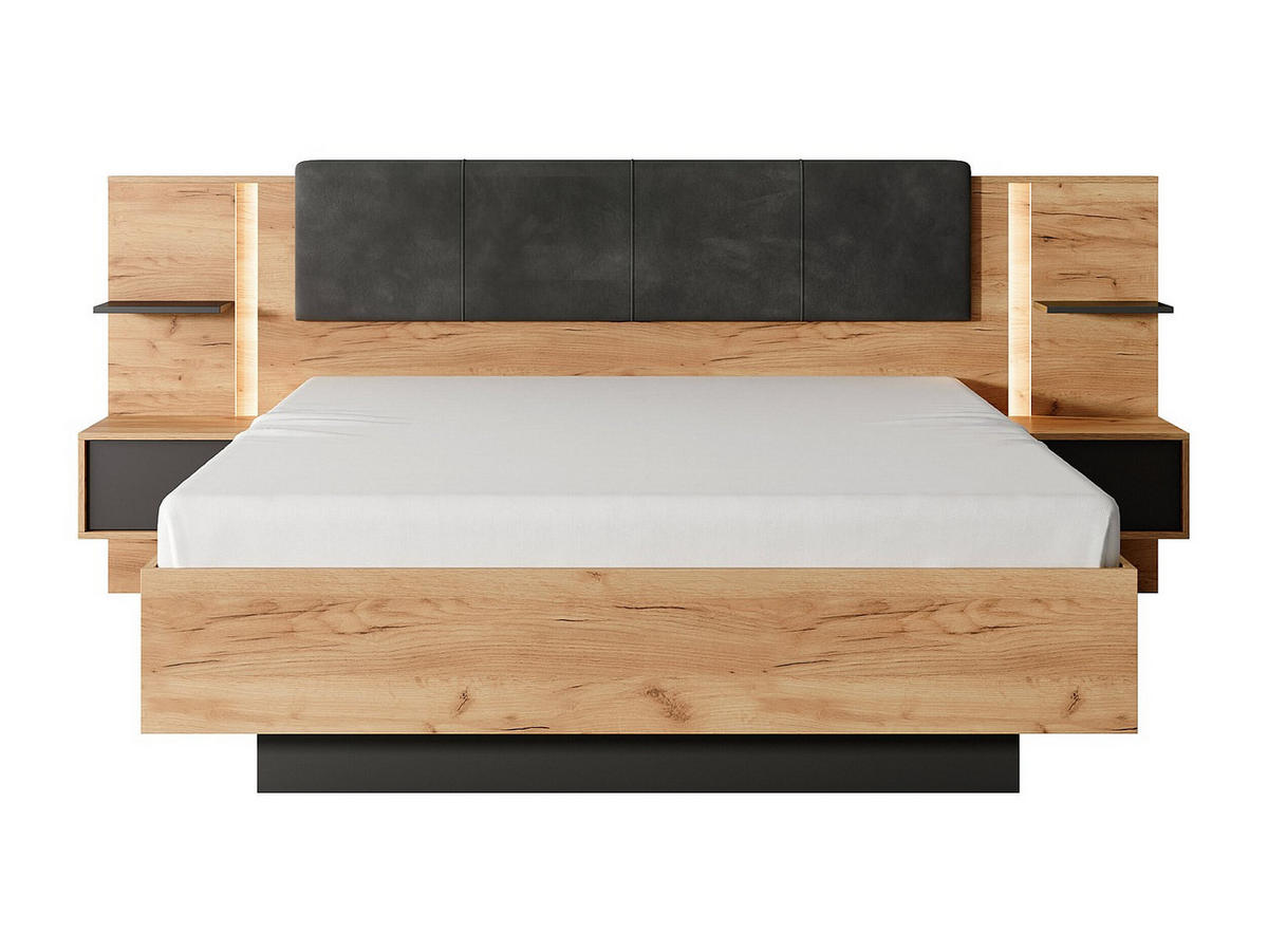 BETT mit Bettkasten - 2 Personen - Stoff, Holz, Platte - Anthrazitgrau, Naturfarben Hell - - Anthrazit/Naturfarben, Holz/Holzwerkstoff (160/200cm) - Vente-Unique
