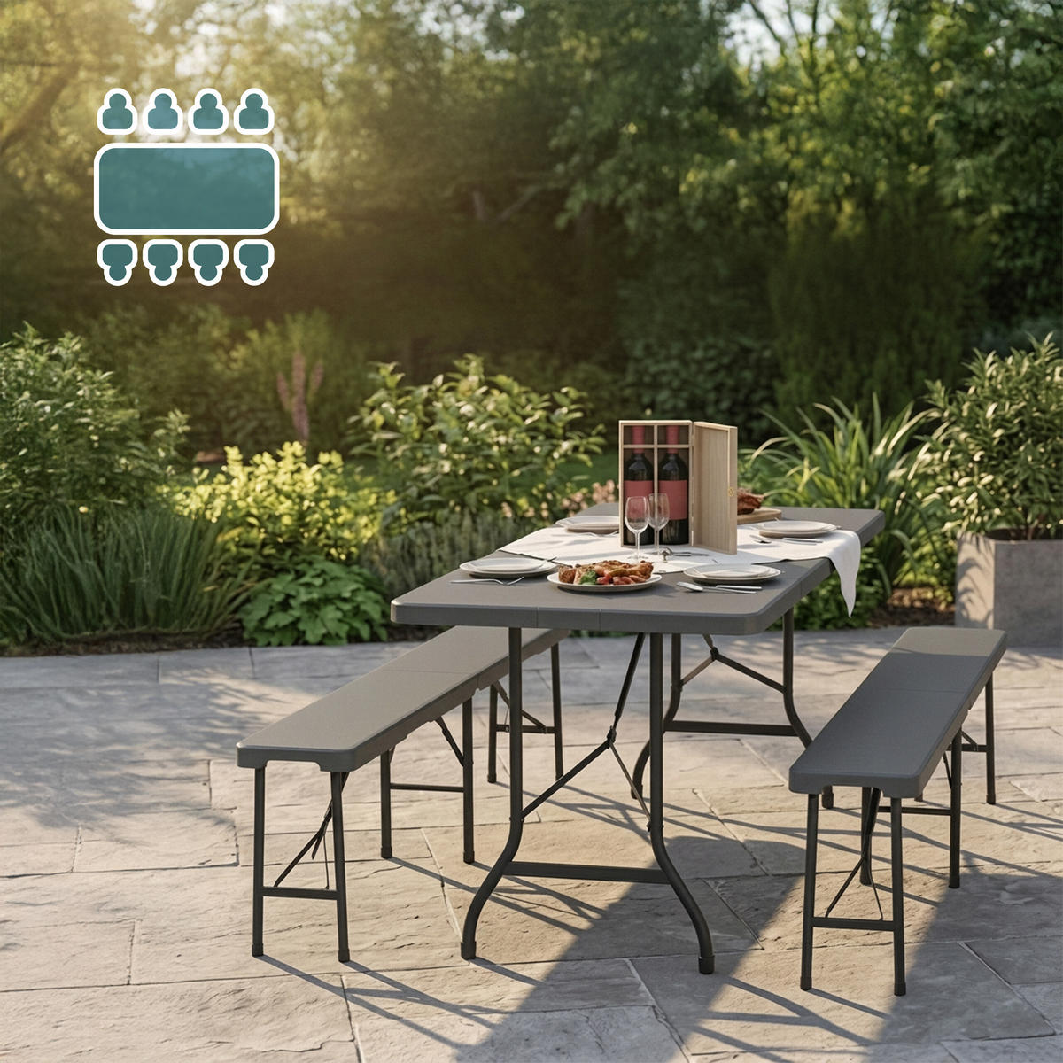 BIERZELTGARNITUR Grau 3-tlg.-Set klappbar Tisch 180x74 cm - Grau, Kunststoff/Metall - Relaxdays