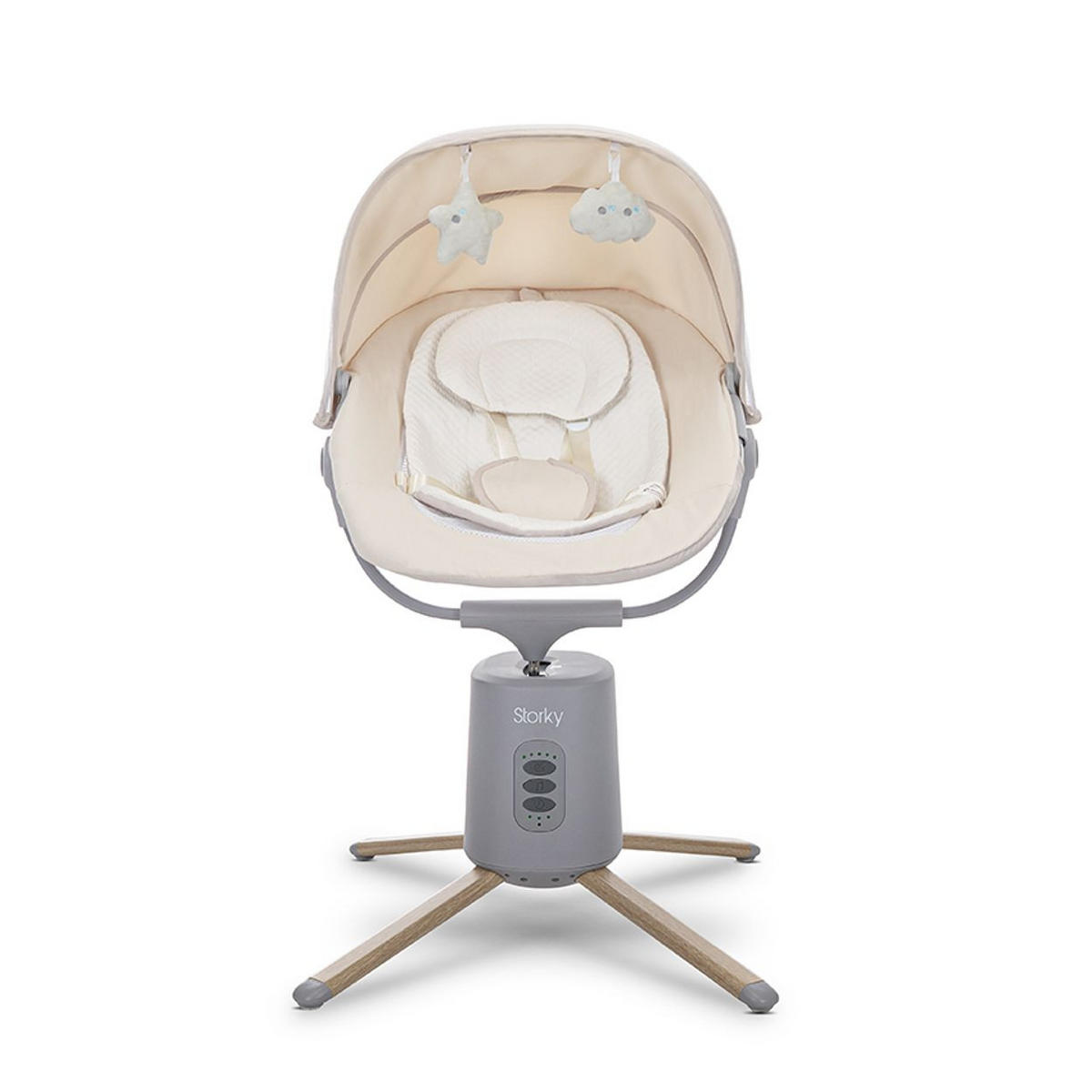 BABYWIPPE Storky beige Bluetooth, Fernbedienung, Timer, 5-Punkt-Gurt, Holzoptik-Füße - Beige, Metall - Lorelli