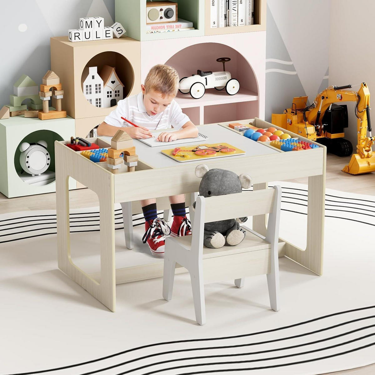 KINDERTISCH-STUHL-SET mit Stauraum Holzoptik mit Weiß 2-teiliges Set - Creme, Holzwerkstoff (48/48/80cm)