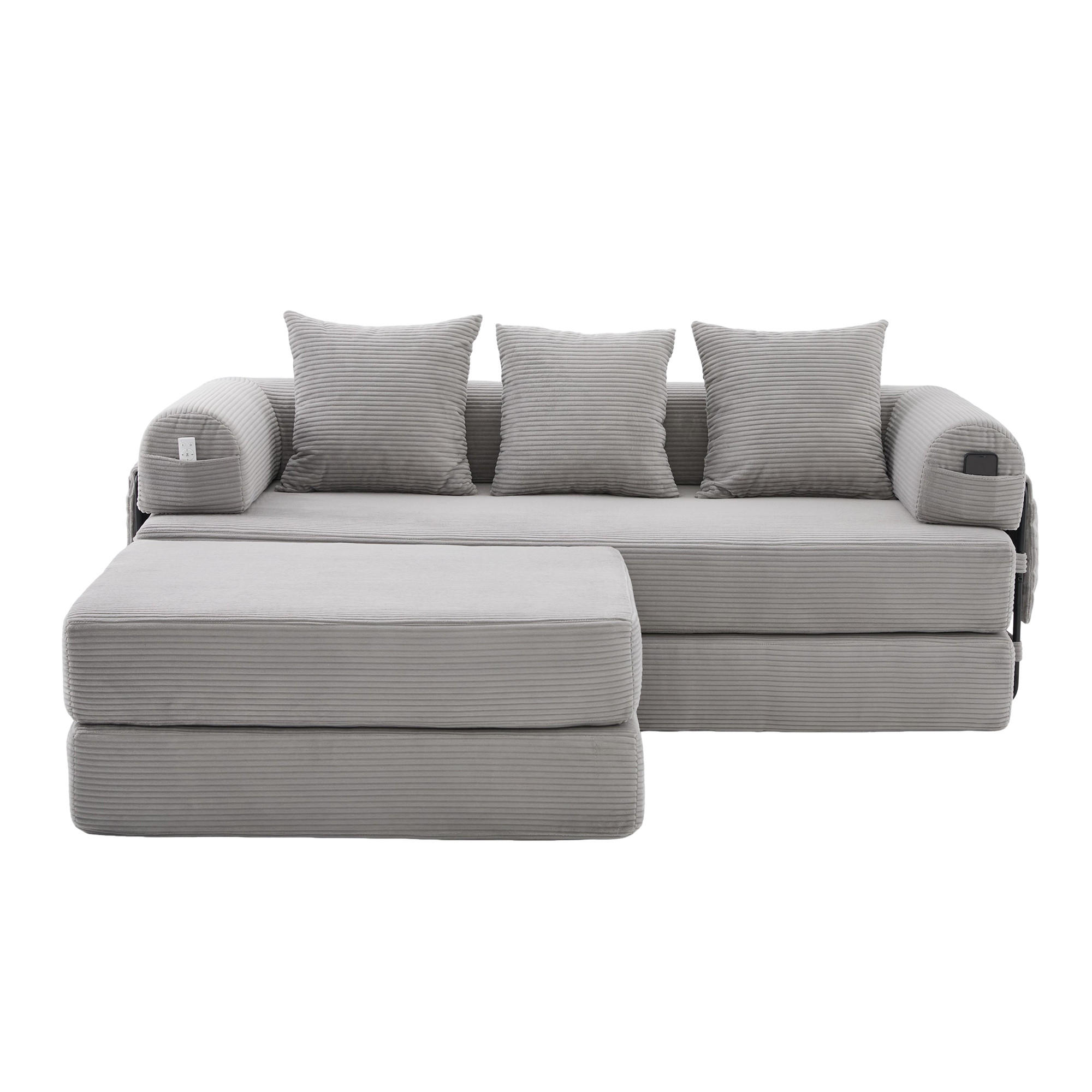 ECKSOFA Cord Hellgrau mit Hocker und Kissen - Hellgrau, Textil/Metall (218/285cm) - WISHDOR