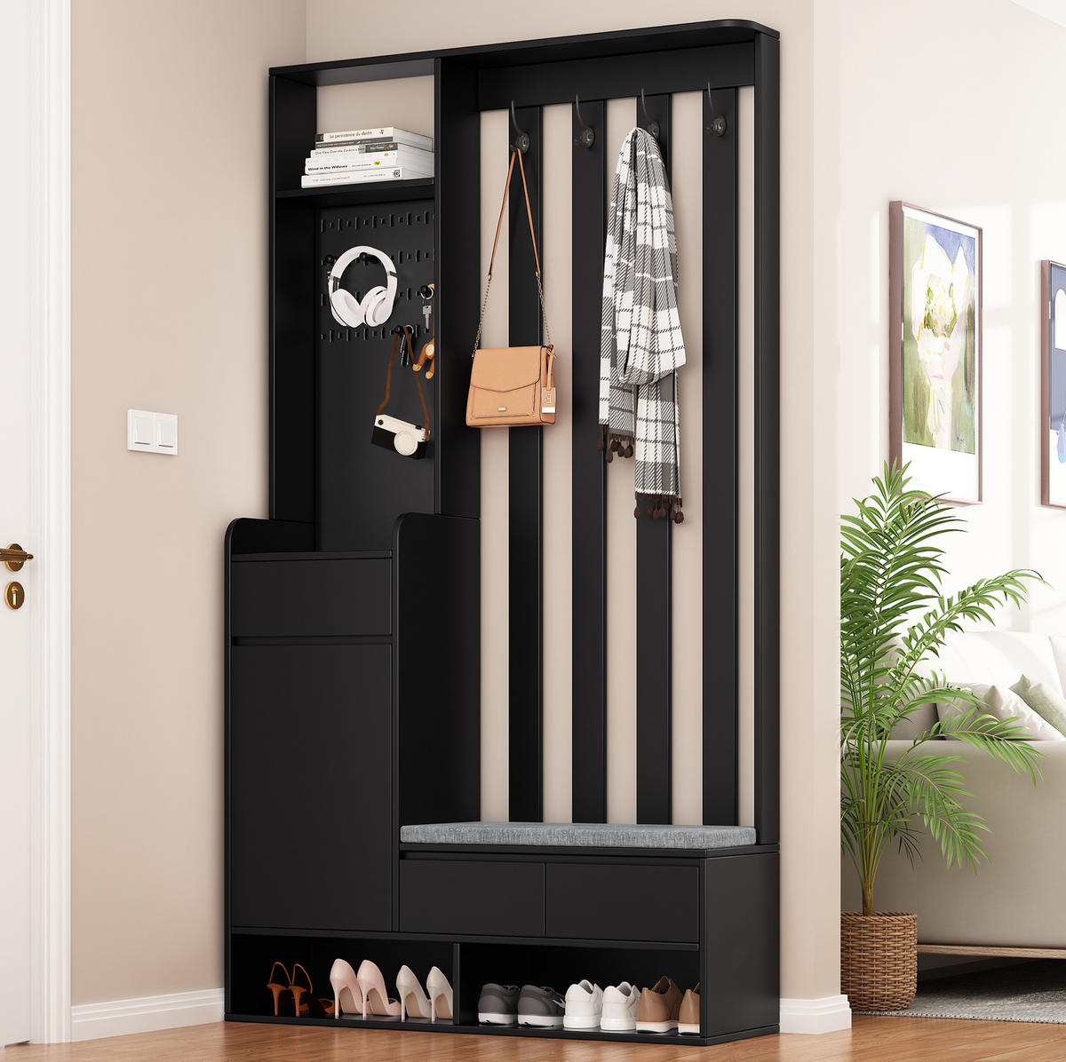 GARDEROBE aus MDF H180 & B100 & T35cm in Schwarz mit Sitzbank & Stecktafel - Schwarz, Holzwerkstoff (100/180/35cm) - Modfu