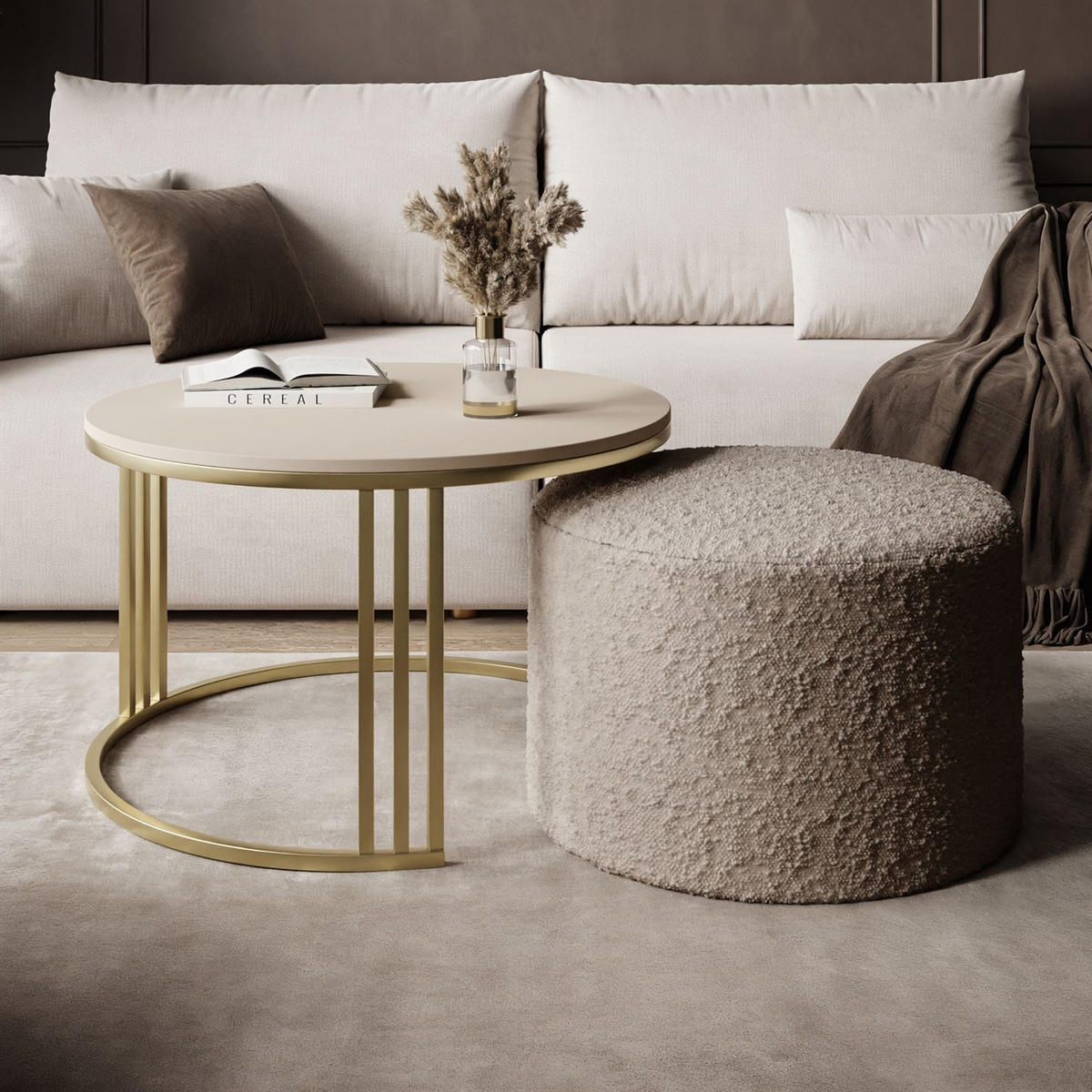 COUCHTISCH mit Hocker LORI MAT gebürstetes Gold/Kaschmir matt/Coral 50 - Kaschmir, Metall (70/70/49cm) - Lookway