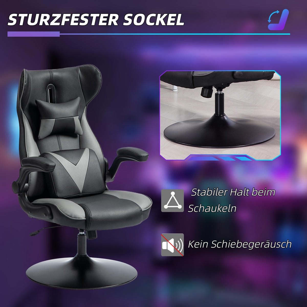 GAMING-STUHL mit Wippenfunktion,bis 120 kg belastbar, Schwarz+Grau - Grau, Kunststoff (67/112/71cm) - Vinsetto