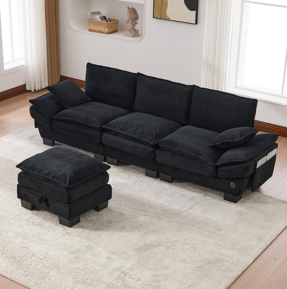 SOFA modular 3-Sitzer mit Hocker USB-C Cord Schwarz - Schwarz, Textil (260/132cm) - IVMEU