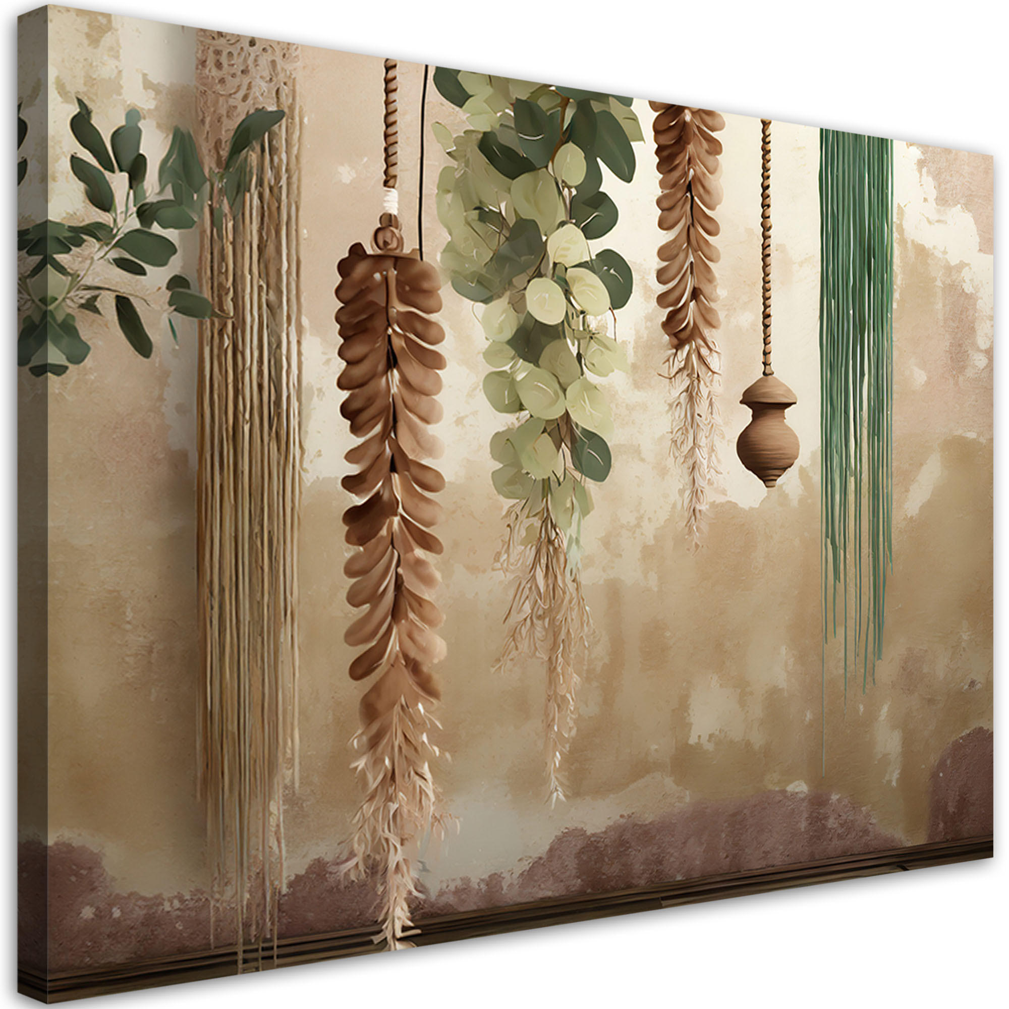 LEINWANDBILD Hängende Blätter Scandi Boho 100x70cm - Grün, Textil (100/70cm) - Feeby