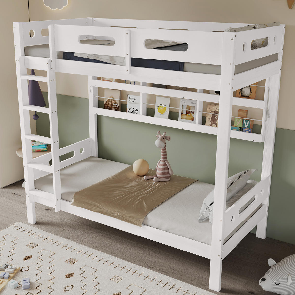 POSCHODOVÁ posteľ 90/200 cm biela/prírodná s otvoreným regálom a 5-stupňovým rebríkom z masívneho dreva a MDF - biela, drevo (90/200cm) - OKWISH