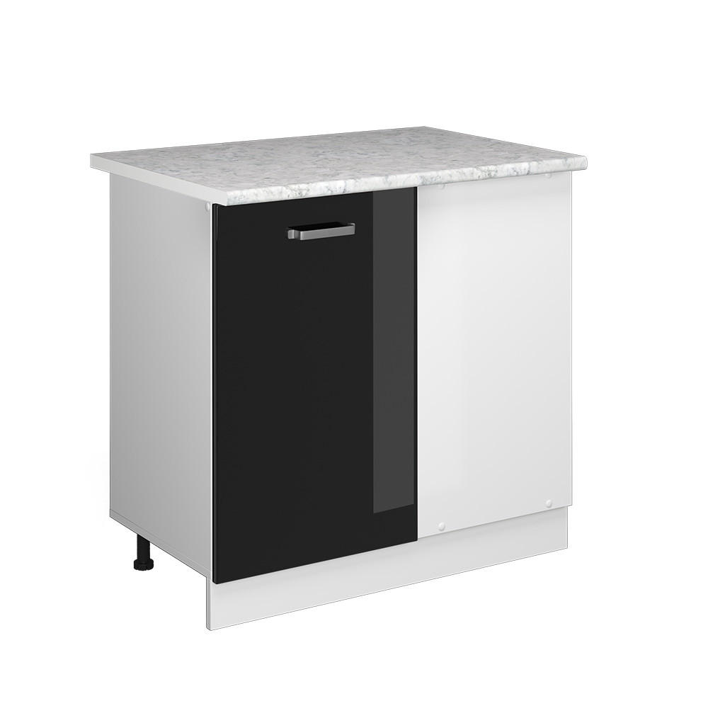 ECKSCHRANK FÜR HAUSRAT R-Line Schwarz Hochglanz 86 cm mit Tür, mit Arbeitsplatte - Schwarz Hochglanz/Weiß, Holzwerkstoff (86/81.6/60cm) - Vicco