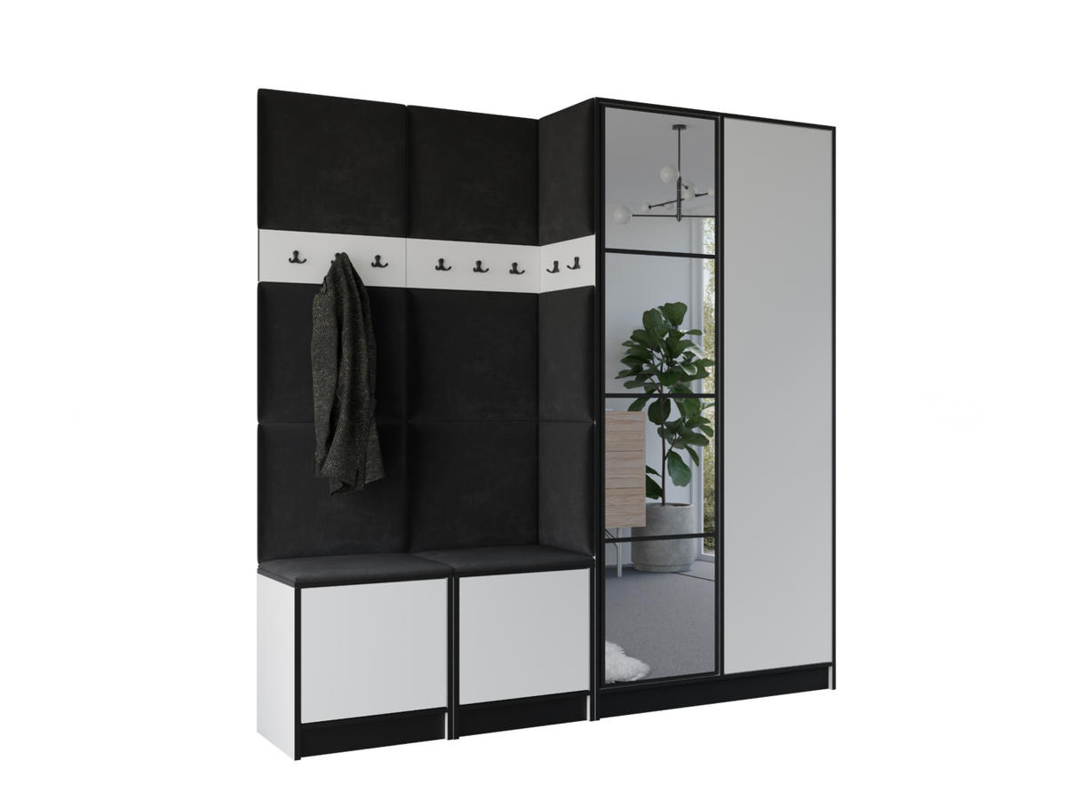GARDEROBENSCHRANK EDEN 21 mit Spiegel - Weiß & Stoff Schwarz - Schwarz/Weiß, Holzwerkstoff (211/205/39cm) - Kier Furniture