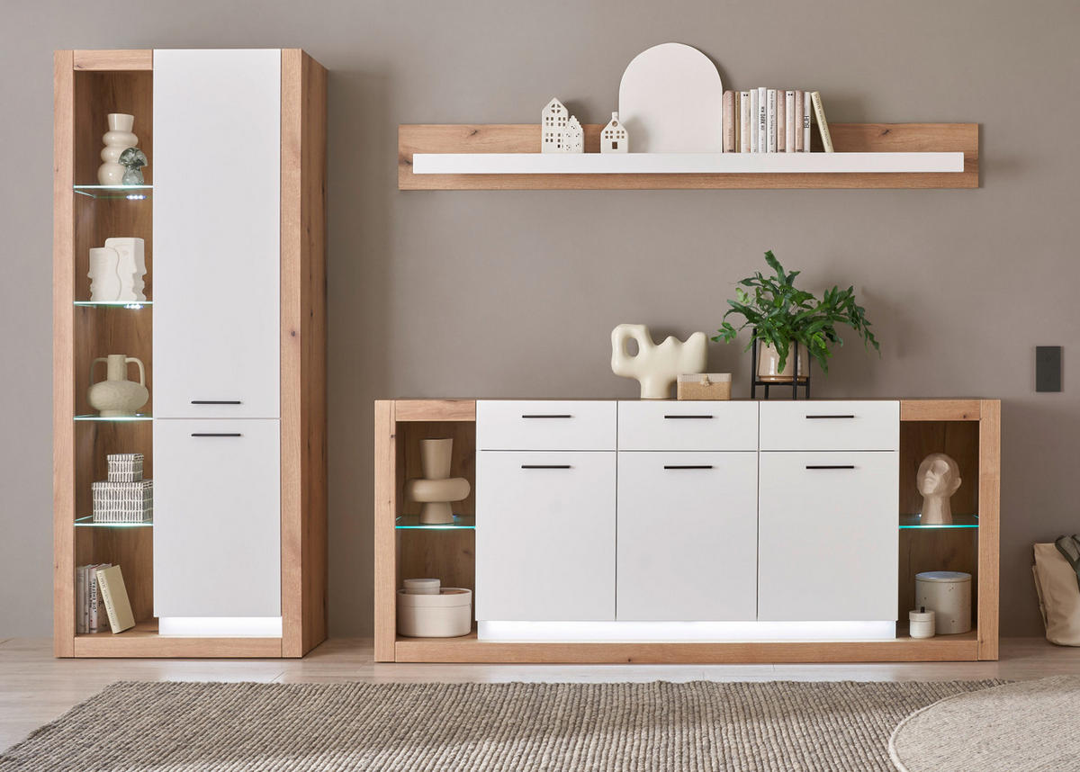 SIDEBOARD weiß matt, Evoke Eiche, Kommode 198 x 83 cm - Eichefarben/Silberfarben, Glas/Holzwerkstoff (198/83/43cm) - Furn.Design