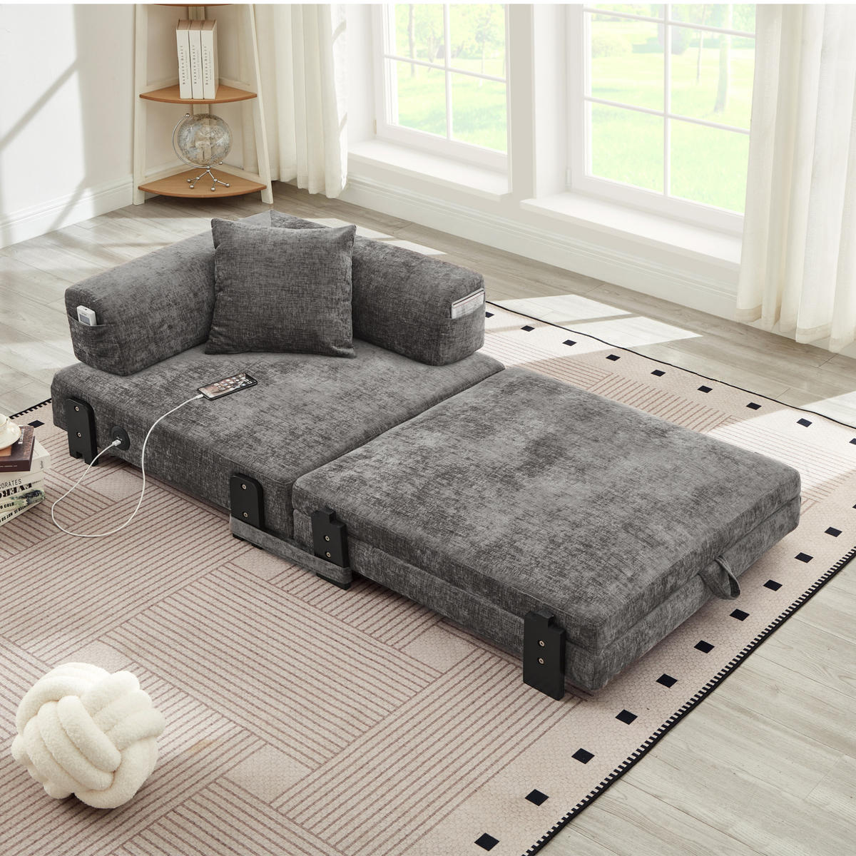 SCHLAFSOFA 2-in-1 mit USB- und Type-C-Anschluss, Stauraum und Seitentaschen, Dunkelgrau - Dunkelgrau, Textil (84/48/170.5cm) - Redom