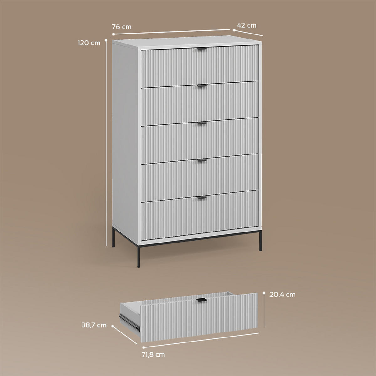 KOMMODE Aterno Grau 76 x 120 cm mit 5 Schubladen - Grau, Holzwerkstoff (76/120/42cm) - Livinity®