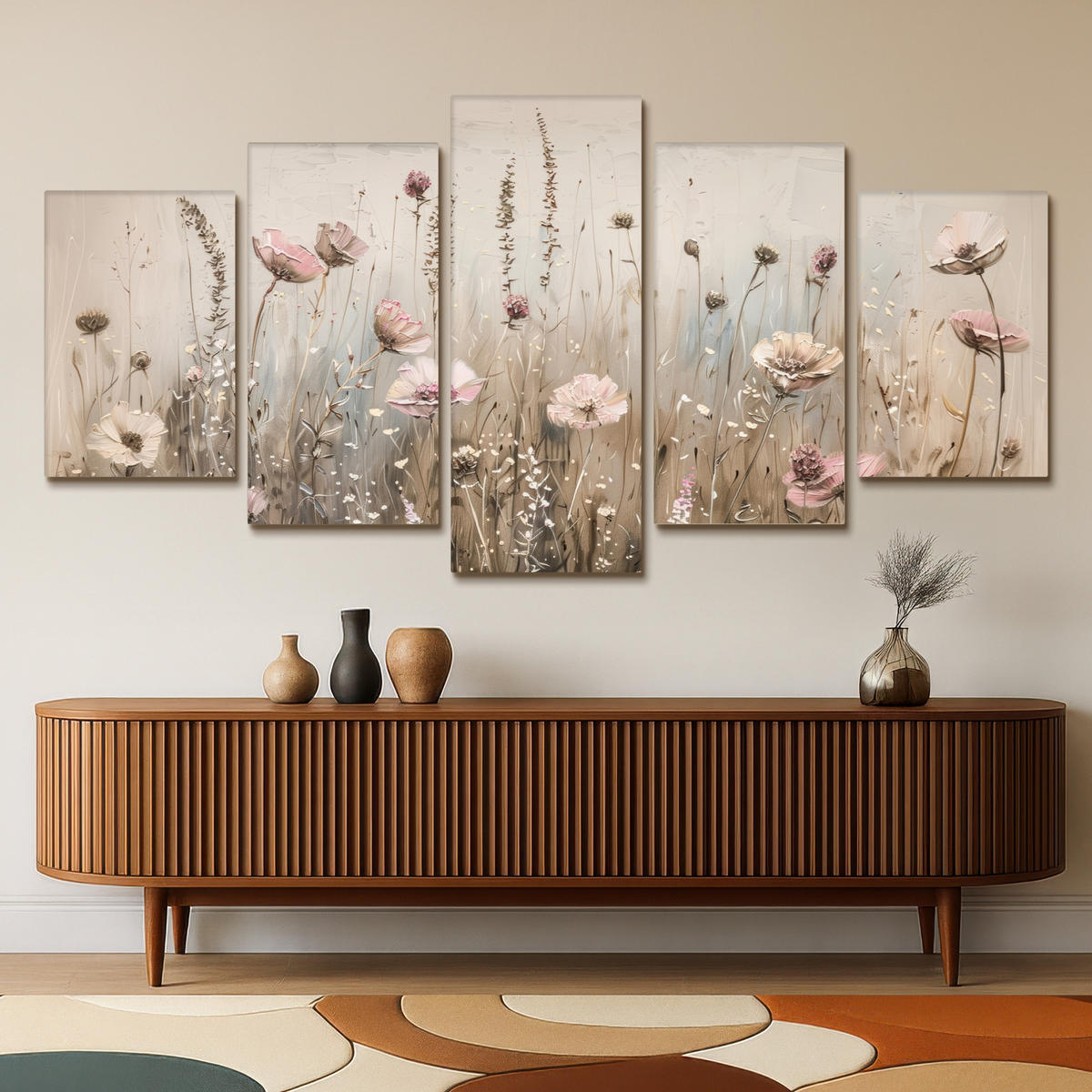 LEINWANDBILD 5er Set Blumen - Beige - Modern - Rosa 200x100 cm - Ecru, Textil (200/100cm) - MuchoWow