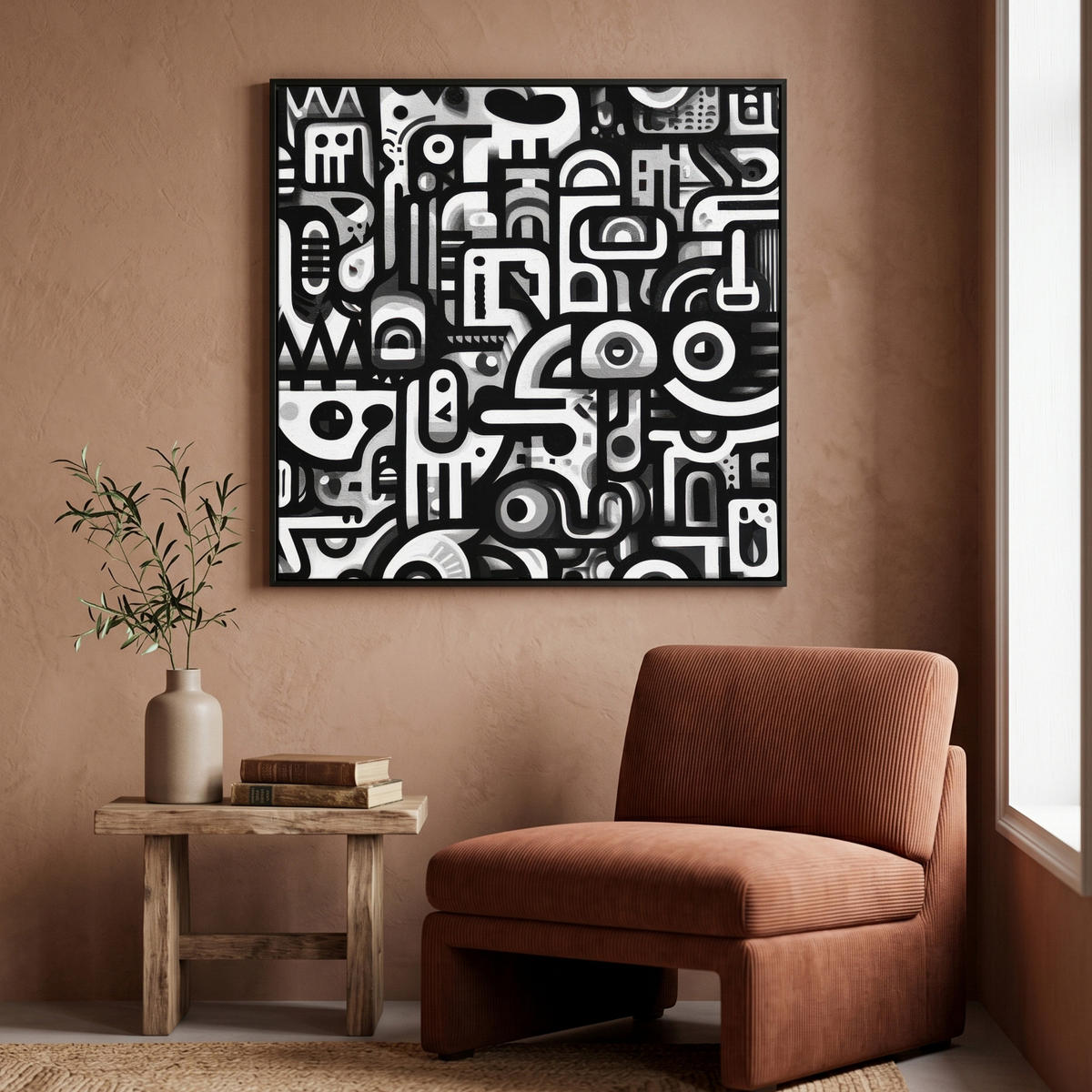 LEINWAND Bilder mit Rahmen - Symbole - Abstrakt - Grafik - Schwarz - 90x90 - Schwarz, Textil (90/90cm) - MuchoWow