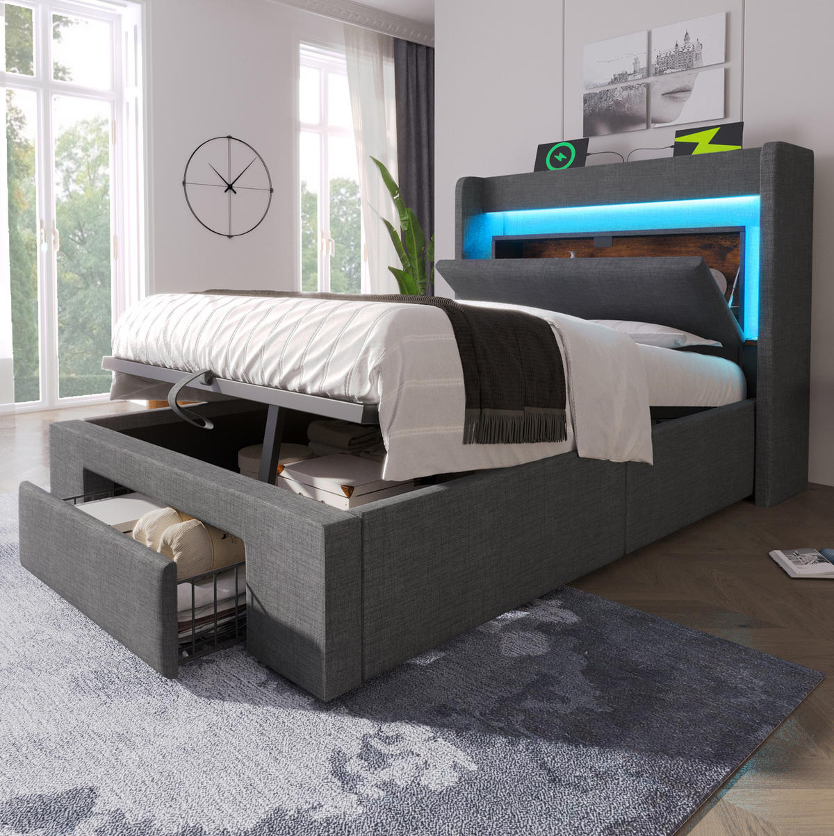 POLSTERBETT 90/200 cm mit LED, USB/USB-C, hydraulischem Stauraum und Schublade, Leinen, Grau - Grau, Textil (90/200cm) - Redom