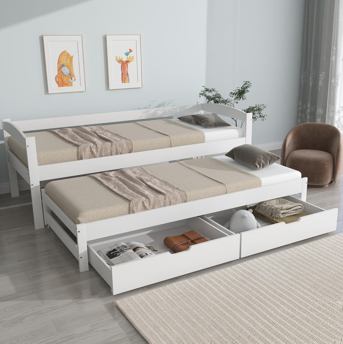 DNEVNI krevet od masivne borovine i MDF-a 90x200 cm bijela s izvlačnim ležajem, 2 ladice i ogradom - bijela, drvni materijal (90/200cm) - Modfu