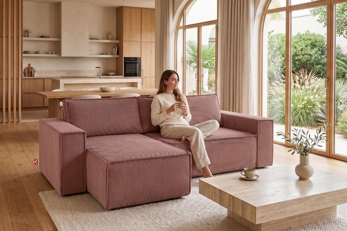 ECKSOFA-LINKS/RECHTS NAPI Schlaffunktion mit Cordbezug, Rosa - Pink/Schwarz, Textil (262/148cm) - KONSIMO®