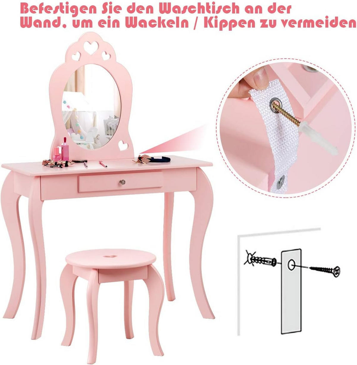 KINDER SCHMINKTISCH mit Hocker Spiegel Pink - Pink, Holz (34/105/70cm) - COSTWAY
