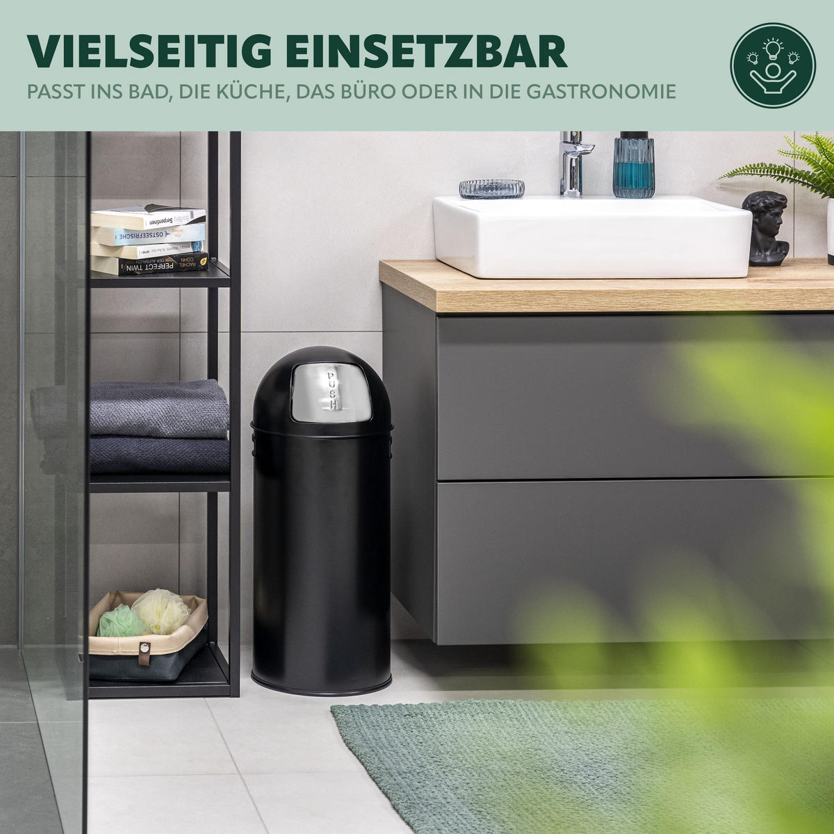 ELUNO Mülleimer 60 Liter aus Stahl - Schwarz, Metall (26.5/60.5/26.5cm) - eluno