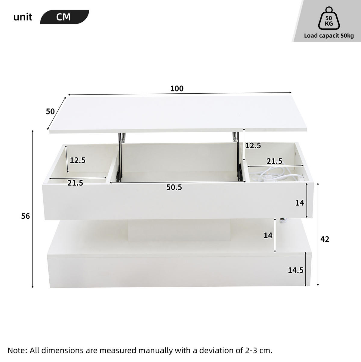 KONFERENČNÍ stolek 100/50/42 cm bílý z dřevotřísky s LED osvětlením a výškově nastavitelnou deskou - bílá, kompozitní dřevo (100/50/42cm) - OKWISH