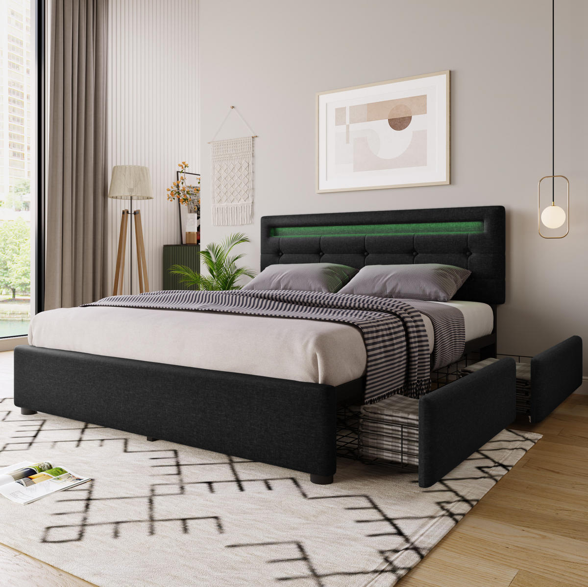 POLSTERBETT 140/200 cm mit LED-Beleuchtung, 4 Schubladen und Matratze - Schwarz, Textil (140/200cm) - BEAOK