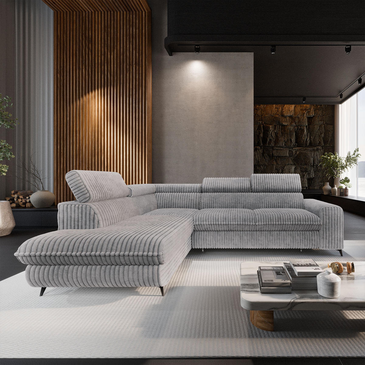 ECKSOFA VELISS Hellgrau Kordstoff mit Schlaffunktion - Grau, Holz (255/193cm) - MASSENO