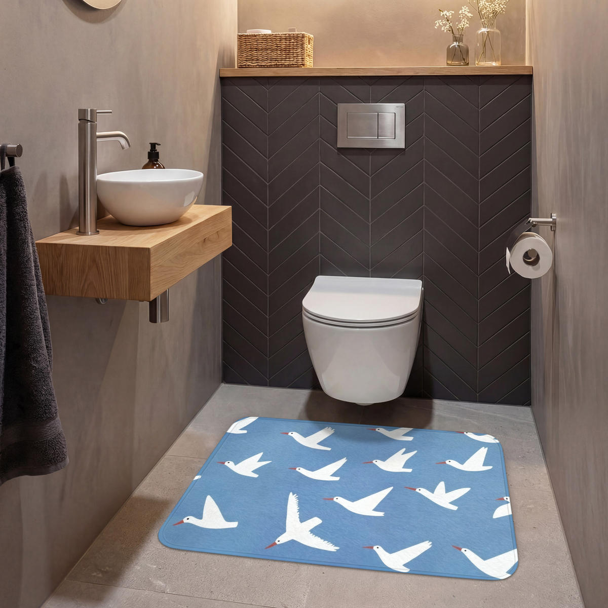 WC PŘEDLOŽKA Ptáci - bílá - vzor 90x60 cm - modrá, textil/plast (90/1cm) - OnlyWow