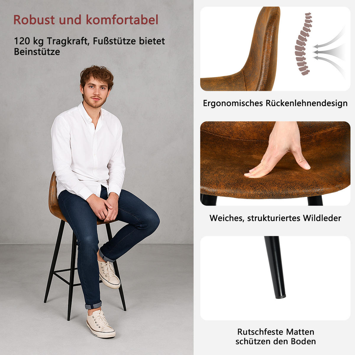 BARHOCKER 2er-Set, Sitzhöhe 77 cm, gepolstert mit Wildlederoptik-Bezug, Braun - Braun, Metall (49/103.5/42cm) - Meubles Cosy