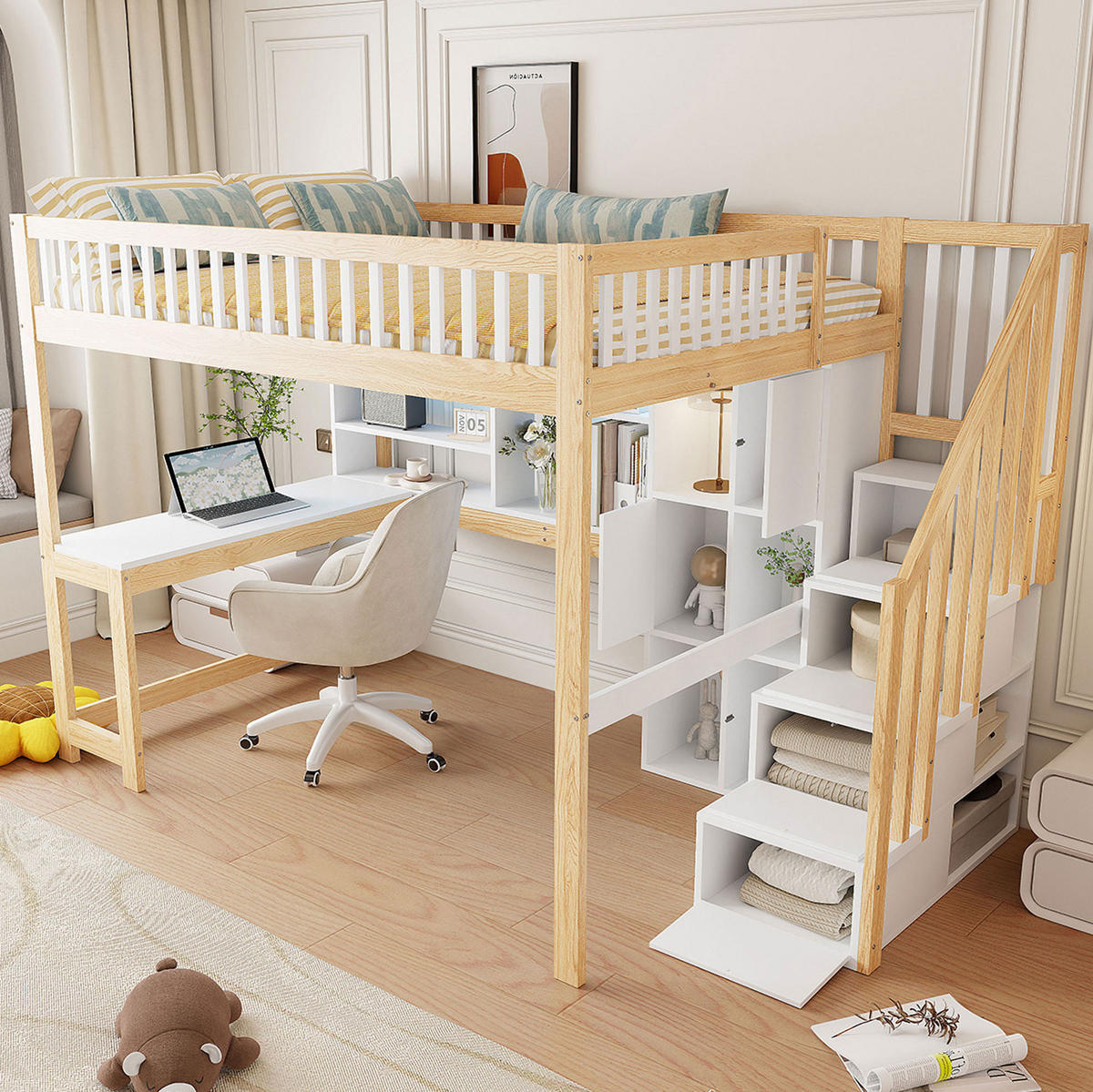 HOCHBETT 140/200 cm Weiß/Natur aus Kiefernholz und MDF mit Schreibtisch - Weiß, Holz (140/200cm) - OKMYHOME
