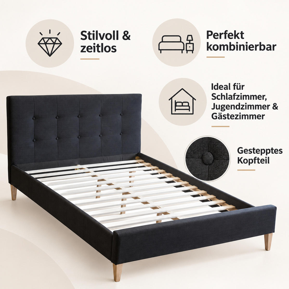 POLSTERBETT mit Lattenrost 140/200 cm in Schwarz - Schwarz, Textil (140/200cm) - Homestyle4u