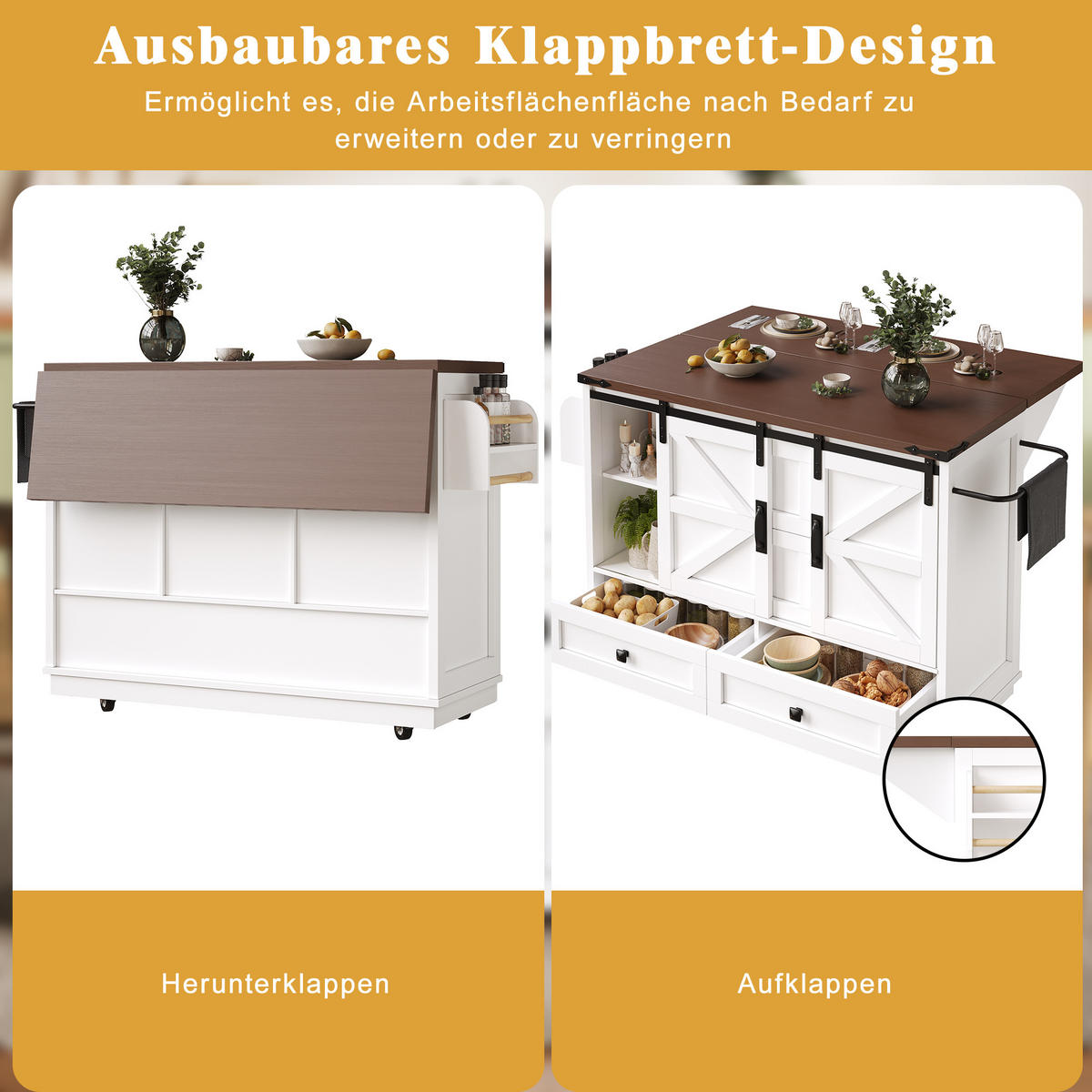 KÜCHENINSEL mit Rollen 142,5/73/92,5 cm Weiß mit 3 Schubladen, 2 Schiebetüren und Höhenverstellbare Böden, MDF - Weiß, Holz/Holzwerkstoff (142.5/92.5/73cm) - Oxeza
