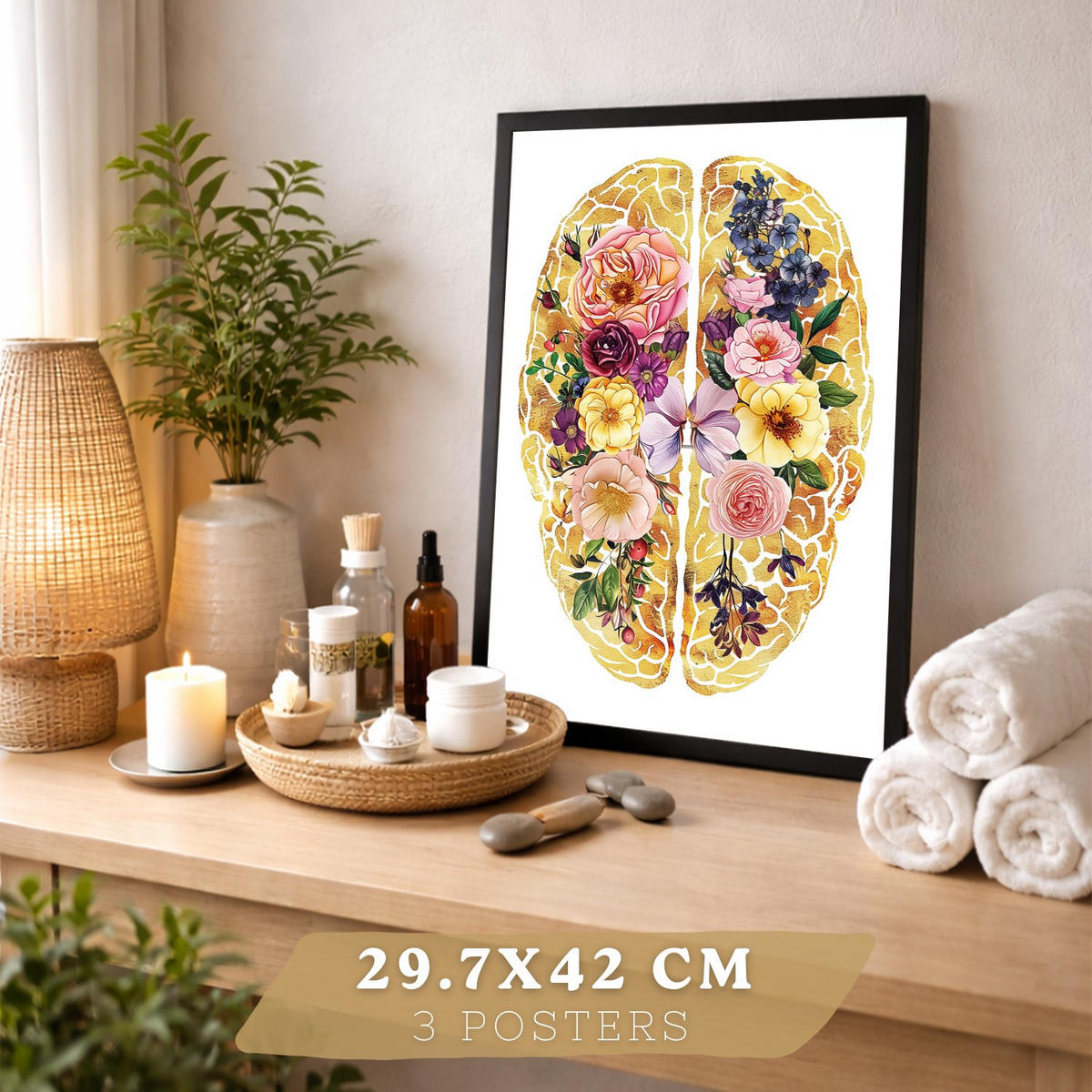 POSTER Set aus 3 Anatomie Mensch Drucke und Wandbilder mit Herz Gehirn und Skelett Goldenes Florales Design Wanddekoration Größe Rahmenlos A3 - Klar, Papier (29.7/42/3cm) - Nacnic