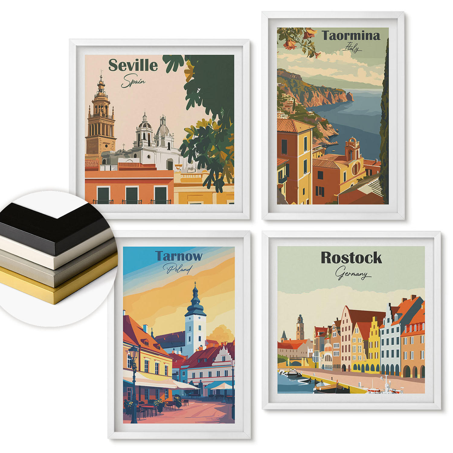 WANDBILDER 4er-Set - 50x50 cm & 40x60 cm Weißer Rahmen - Architektur der Küstenstädte - Weiß, Kunststoff (50/50cm) - ArtPrintCave