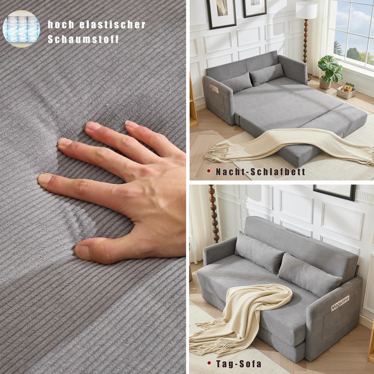 2-SITZER SOFABETT Cord Grau mit Kissen und Magazintaschen - Grau, Holzwerkstoff/Textil (165/67/212cm) - WISHDOR