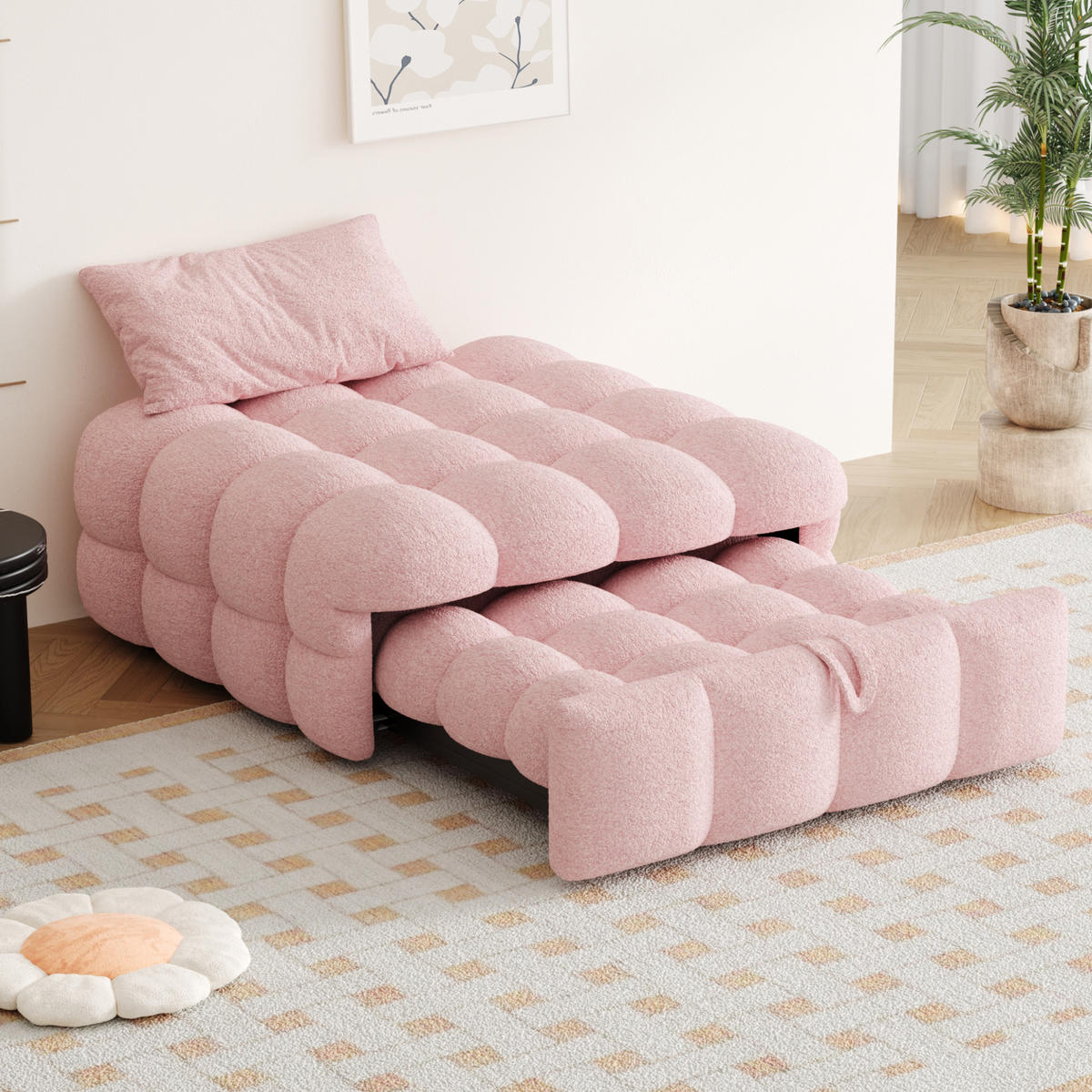 BETT 183/76/42 cm Rosa aus Teddy mit 2-in-1-Funktion - Rosa, Textil (70/180cm) - OKMYHOME