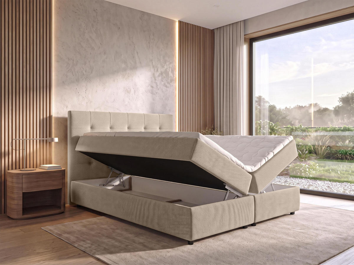 BOXBETT SAKARYA 160x200 cm mit Bettkasten und Matratze - Creme + TOPPER - Creme/Schwarz, Holz/Holzwerkstoff (160/200cm) - AX Living