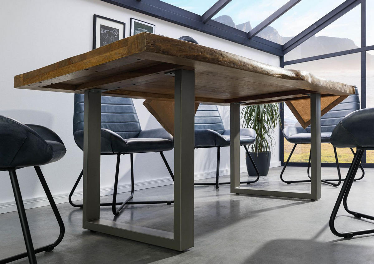 BAUMTISCH Mango 220x100x77 natur lackiert / U-Beine silber matt FREEFORM 5 - Braun, Holz (100/220/77cm) - Massivmoebel24