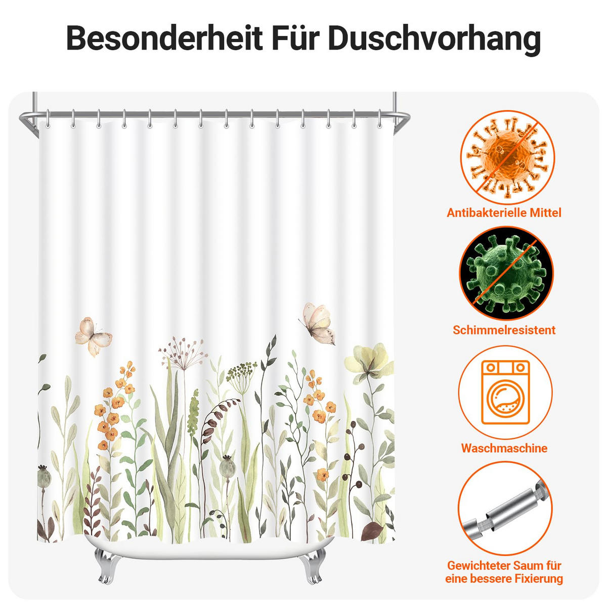 DUSCHVORHANG Schmetterling floral Muster wasserdicht mit Haken fürs Badezimmer Badewanne - Weiß, Textil (180/200cm) - MCBOSON