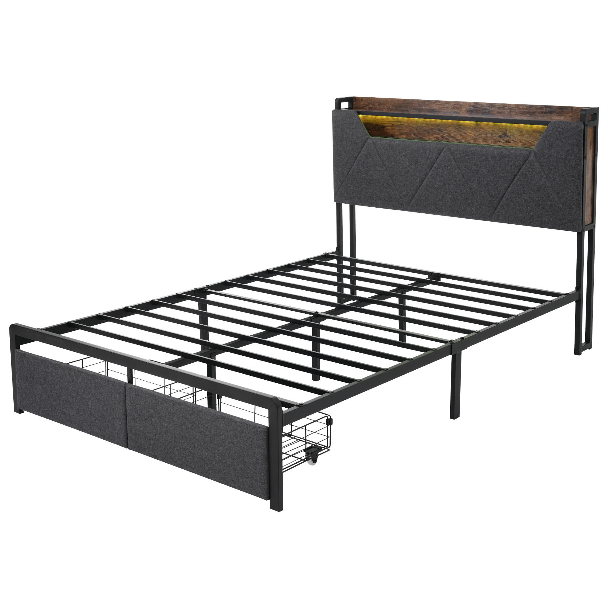 POLSTERBETT aus Leinen 140x200 cm in Grau mit LED-Beleuchtung & Ladestation - Grau, Textil (160/200cm) - Modfu