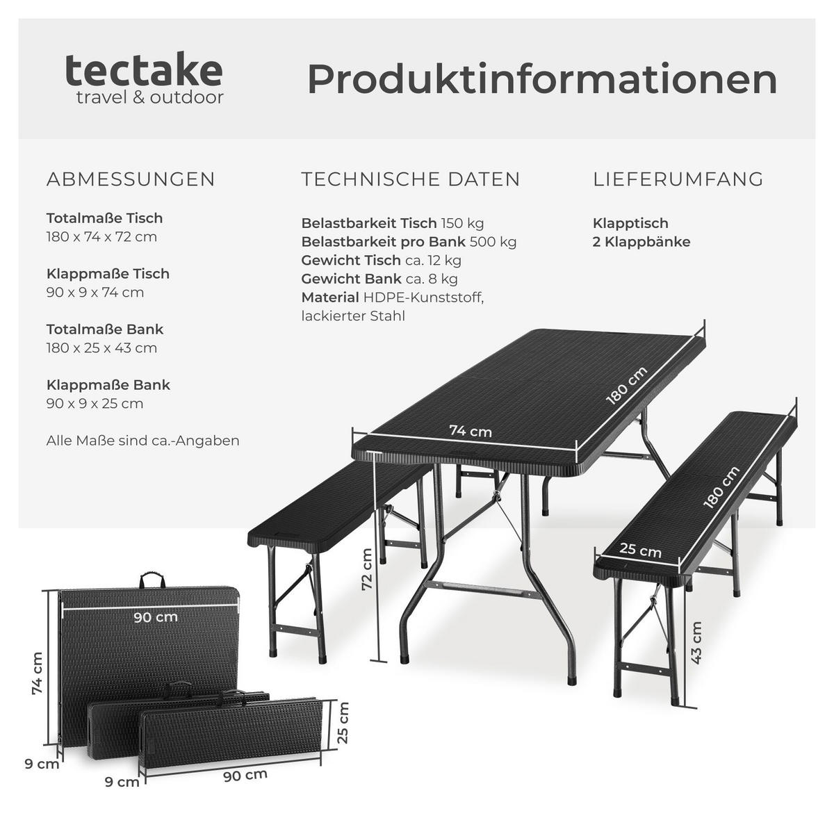 CAMPINGTISCHGARNITUR Vani,mit Tragegriffen,schwarz-Rattanoptik - Schwarz, Kunststoff (180/74/72cm) - tectake