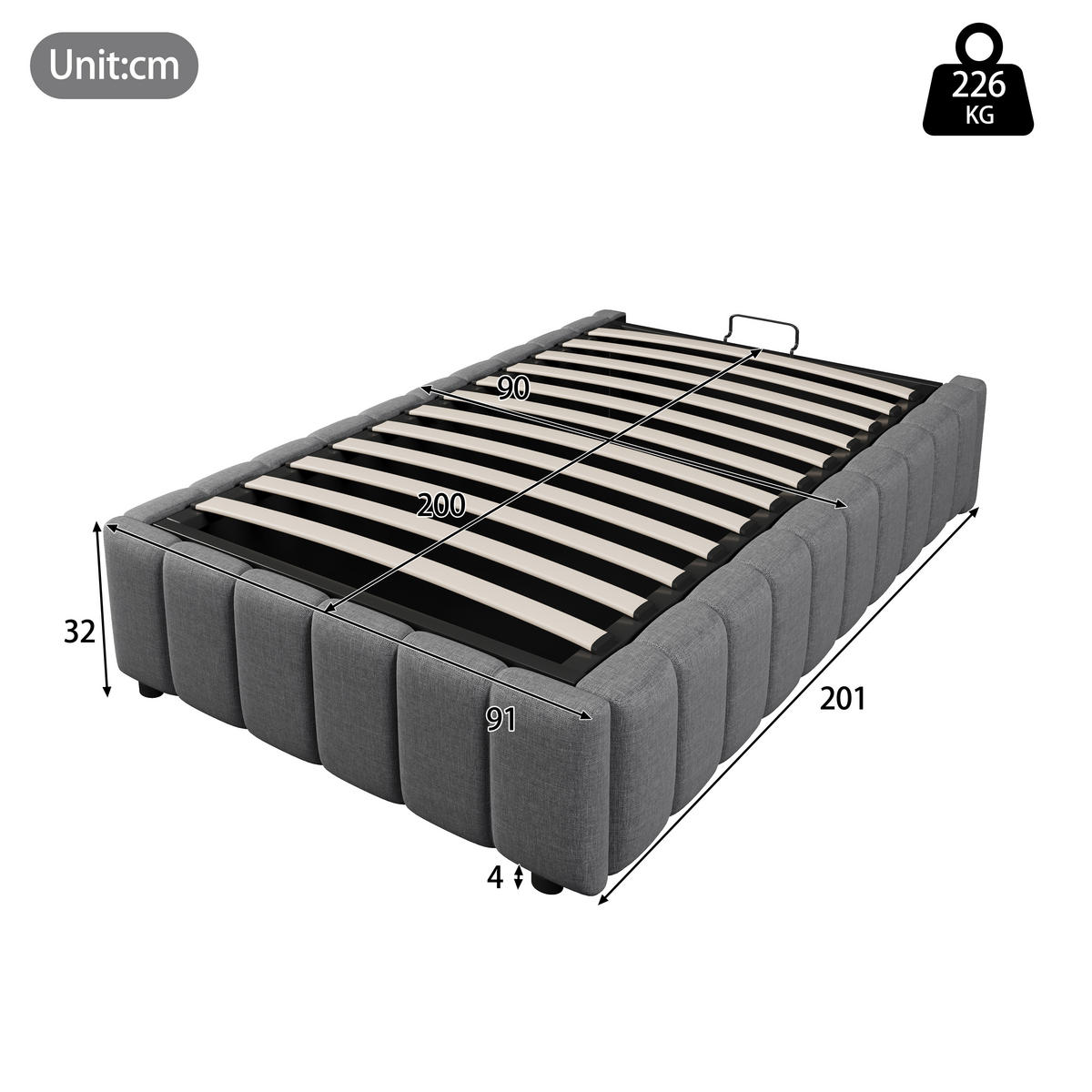 POLSTERBETT 90/200 cm Grau aus Leinen mit hydraulischem Stauraum ohne Kopfteil - Grau, Textil (90/200cm) - OKWISH