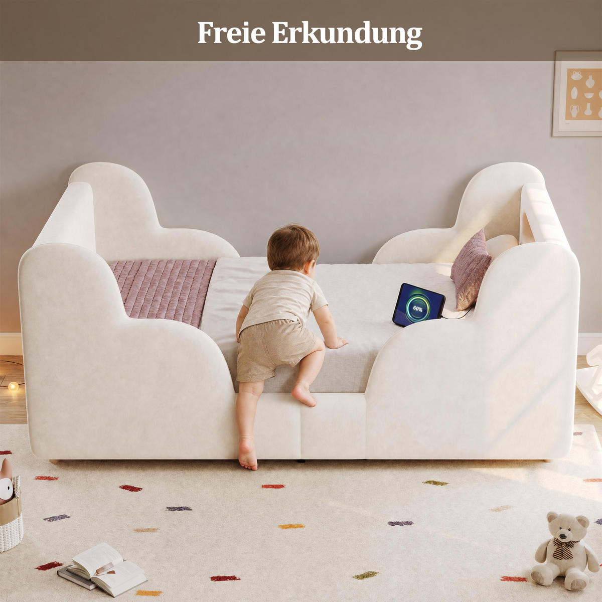 KINDERBETT Beige Samt 90x200 Schutzgeländer Massivholz - Beige, Textil (90/200cm) - FLIEKS